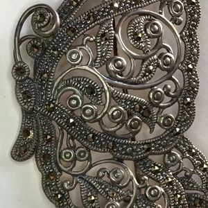 BROOCH: Antique Silver w/ Black Rhinestones, BUTTERFLY DESIGN